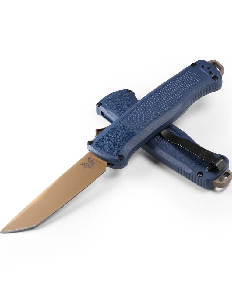 Benchmade 5370FE-01 Shootout OTF Auto Knife 3.51" CPM-CruWear FDE Tanto Blade Crater Blue Grivory Handles - NORTH RIVER OUTDOORS