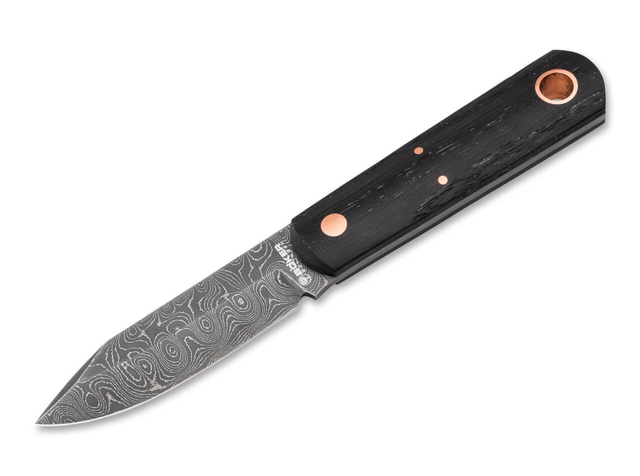 Boker Lucas Burnley Barlow BFF Damast Fixed Blade Knife 2.76" Damascus Clip Point Bog Oak Wood Handle - NORTH RIVER OUTDOORS