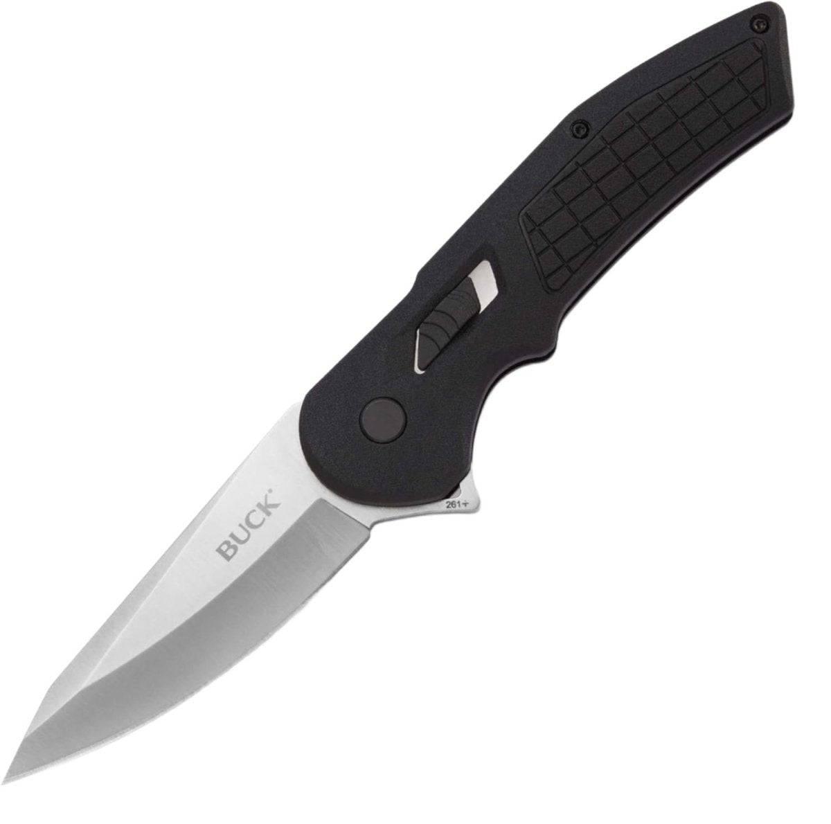 Buck 261 Hexam Flipper Knife 3.33" Satin Drop Point Blade Black Injection Molded Handles - NORTH RIVER OUTDOORS