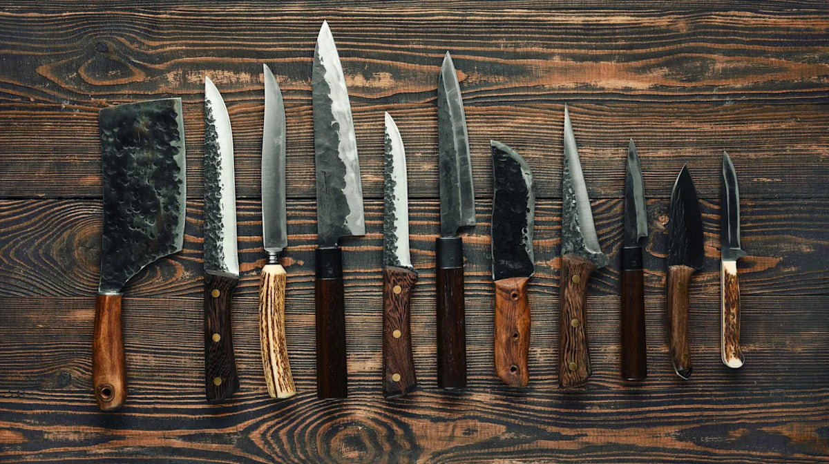 Set of knives with wooden handles on a wooden surface