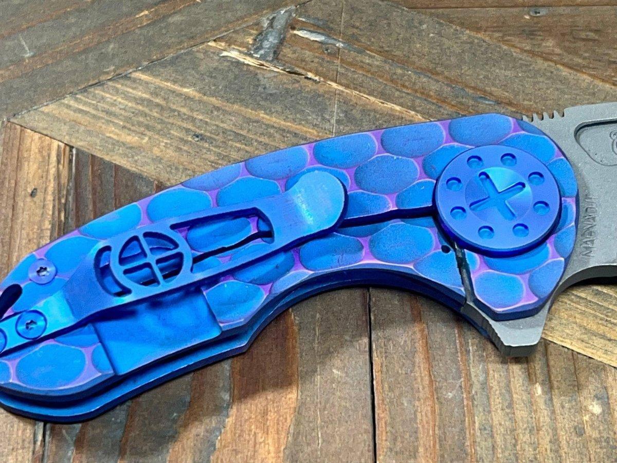 Curtiss F3 Compact Wharny Flipper PM-Mill Handles SW MagnaCut Blasted Ti Aqua-Purple (USA) - NORTH RIVER OUTDOORS
