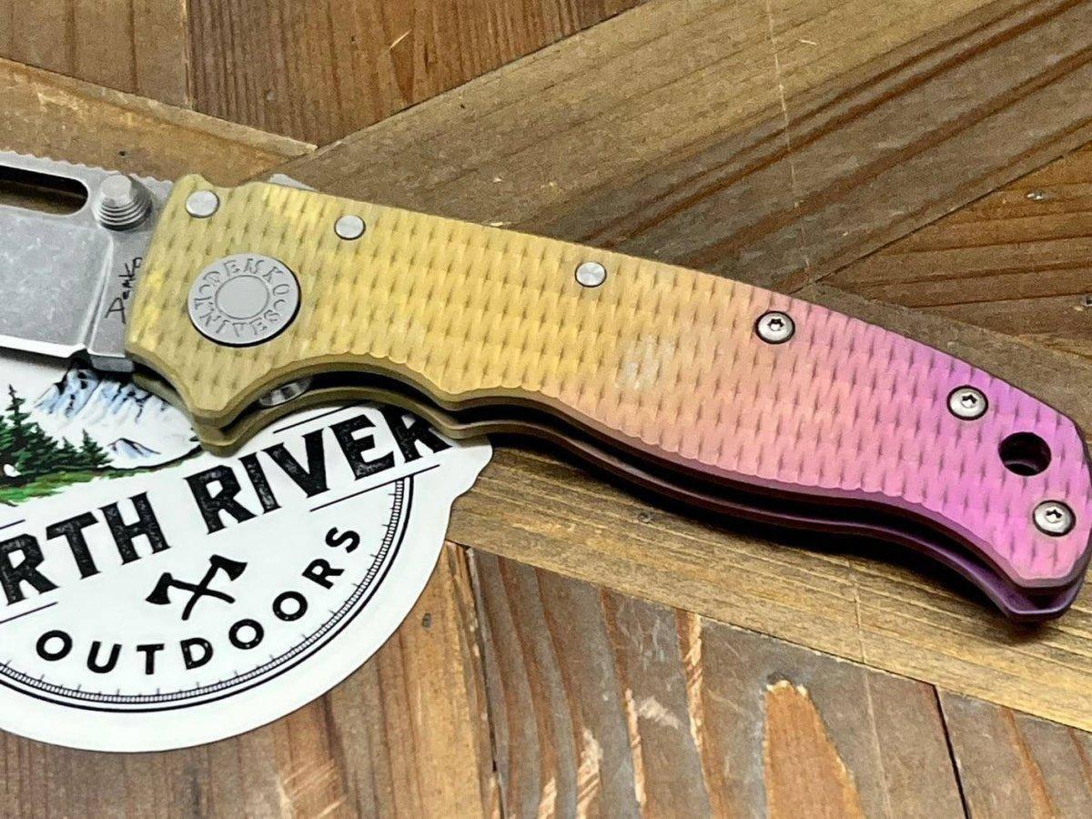 Custom Demko AD20.5 Shark Lock Folding Knife 3" 3V Clip Point Textured Titanium "Pineapple Express" - NORTH RIVER OUTDOORS
