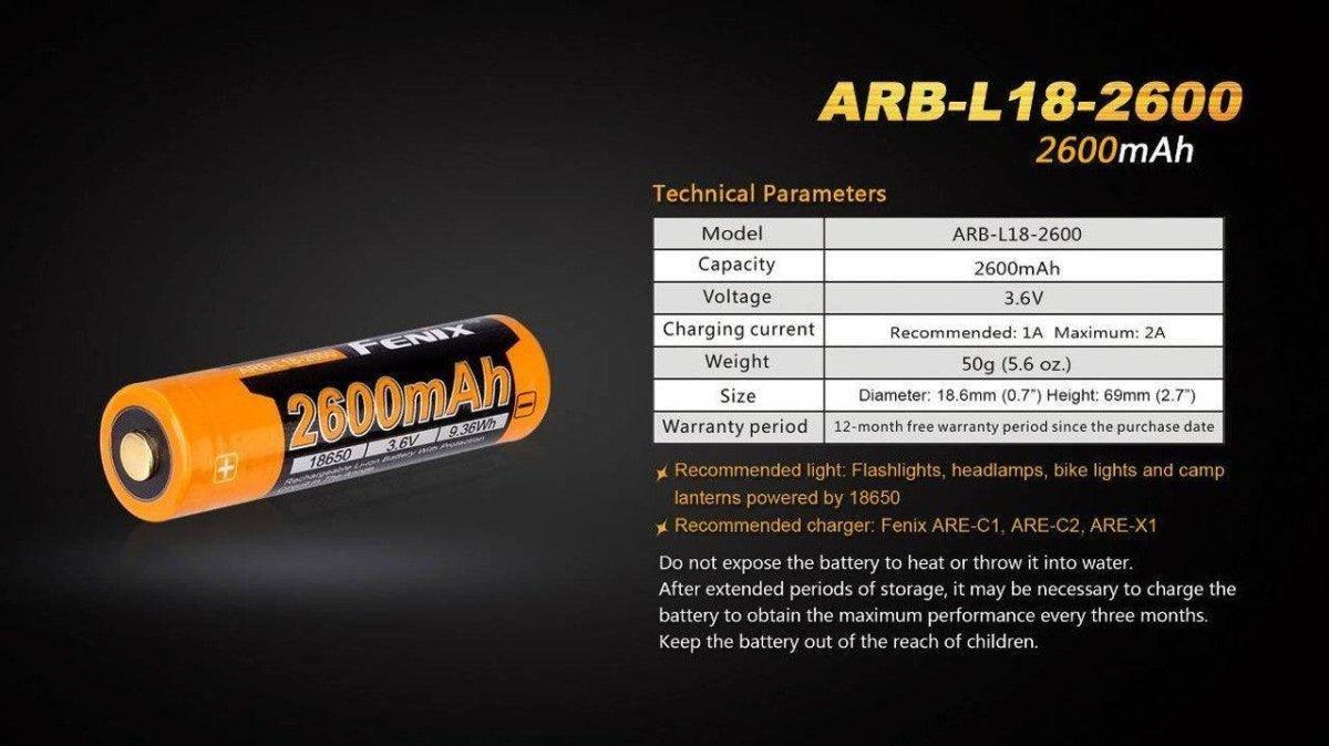 Fenix ARBL18 High-Capacity 18650 Battery (2600mAh) - NORTH RIVER OUTDOORS