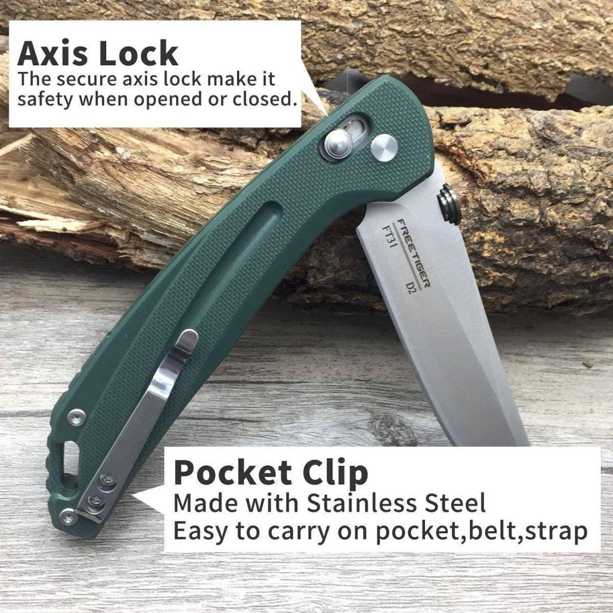 FreeTiger FT31-GR Axis Lock Folding Knife D2 3.43 - NORTH RIVER OUTDOORS