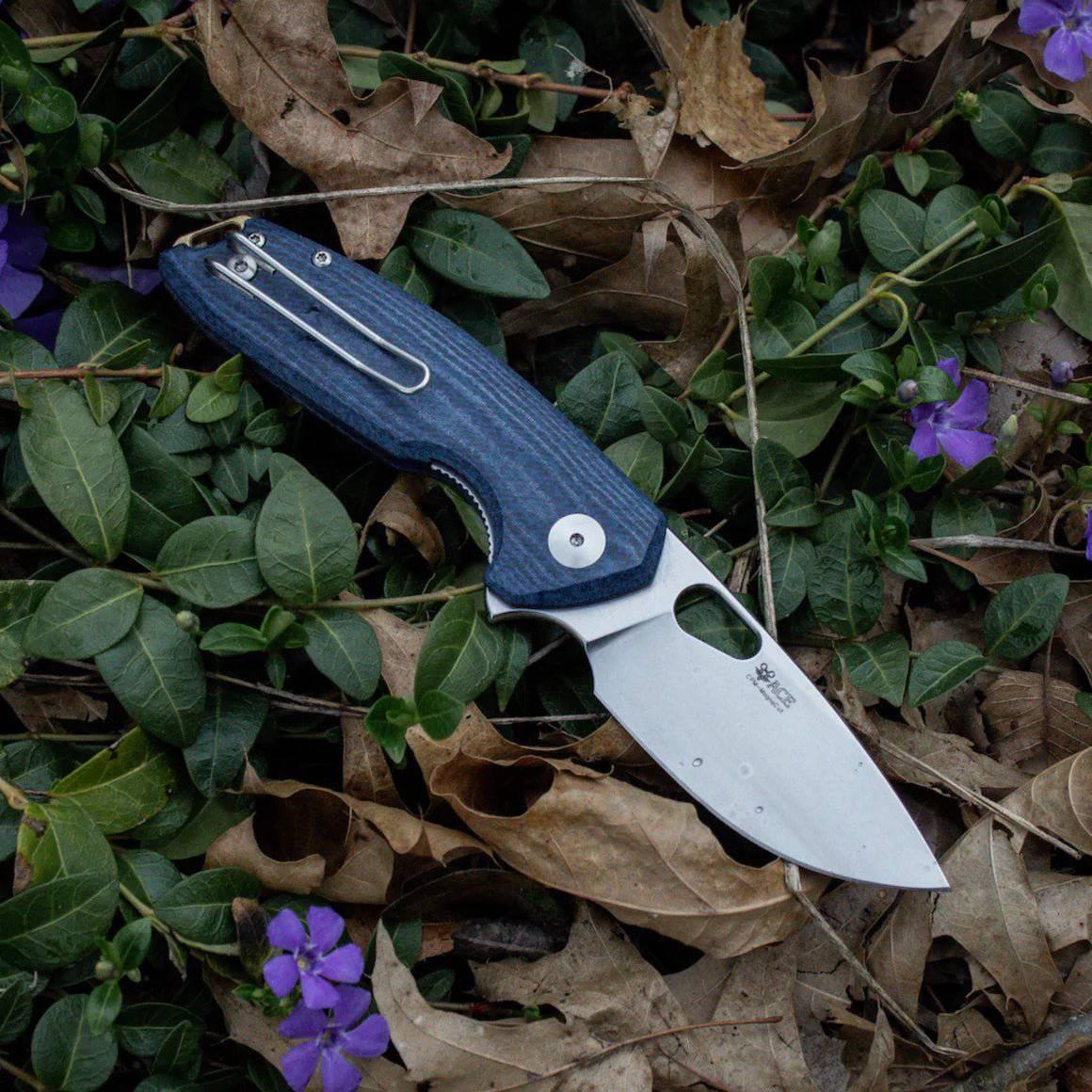 GiantMouse ACE Tribeca Flipper Knife 2.875" MagnaCut Stonewashed Drop Point Denim Blue Micarta (Italy) - NORTH RIVER OUTDOORS