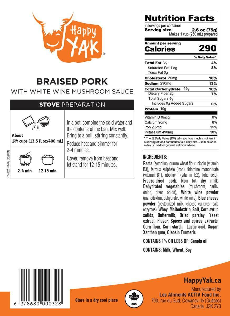 Happy Yak Braised Pork with White Wine Mushroom Sauce - NORTH RIVER OUTDOORS