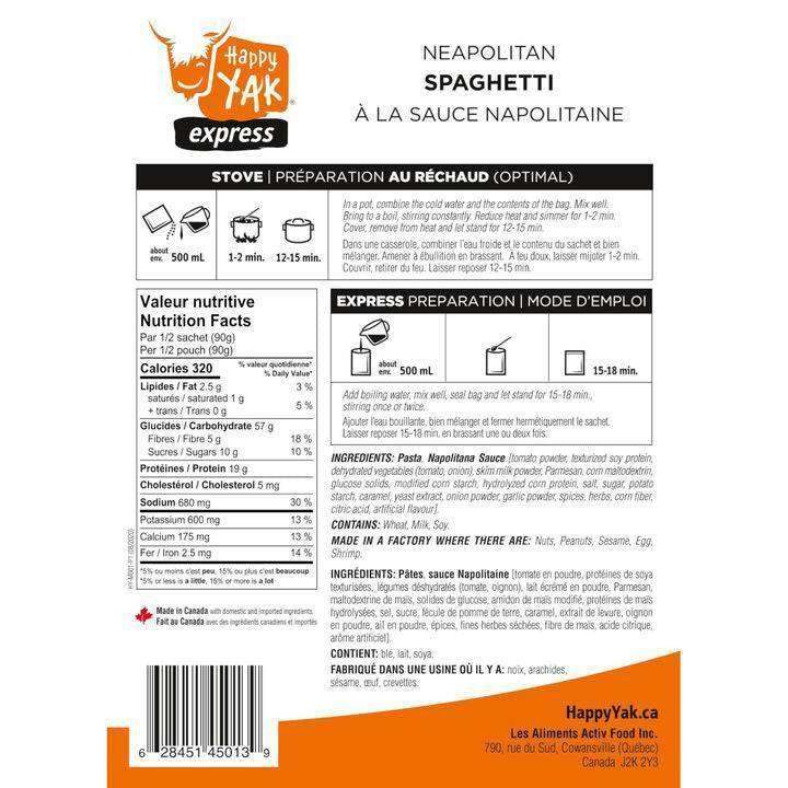 Happy Yak Spaghetti w/ Neapolitan Sauce (1 Serving) - NORTH RIVER OUTDOORS