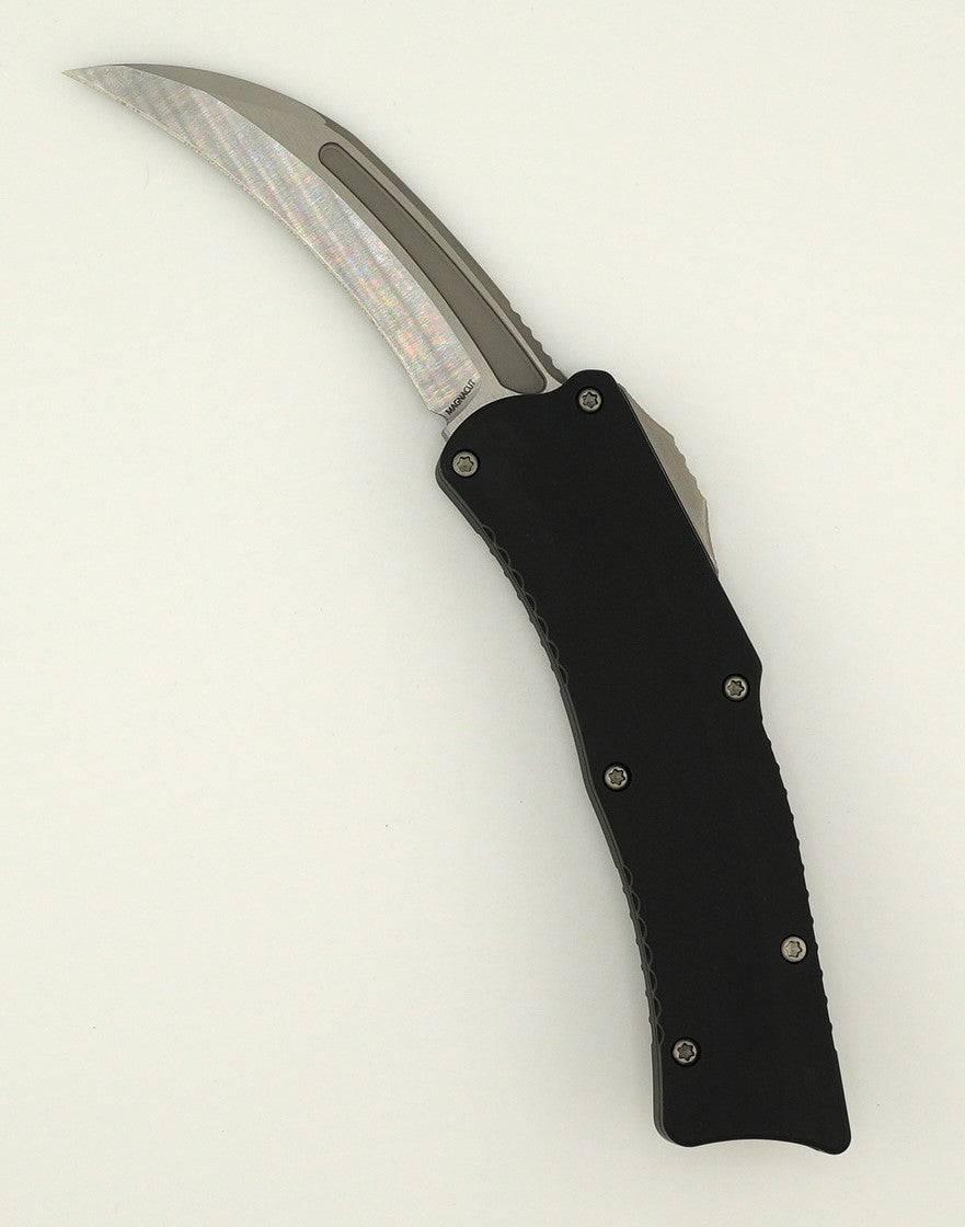 Heretic Knives Roc OTF Auto Knife 3.2" MagnaCut Satin Hawkbill Black Handles - NORTH RIVER OUTDOORS