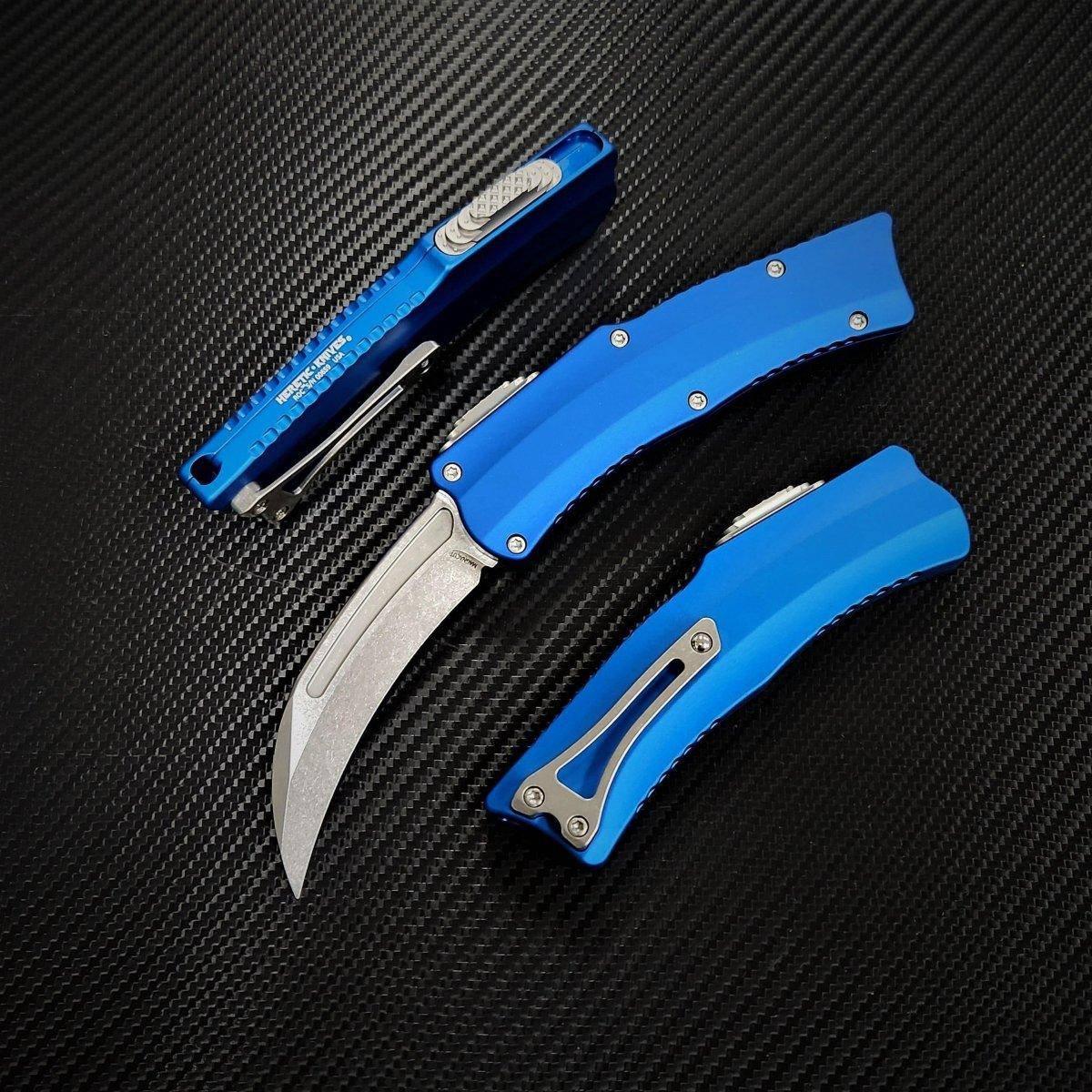 Heretic Knives Roc OTF Auto Knife 3.2" MagnaCut Stonewash Hawkbill Blue Handles - NORTH RIVER OUTDOORS