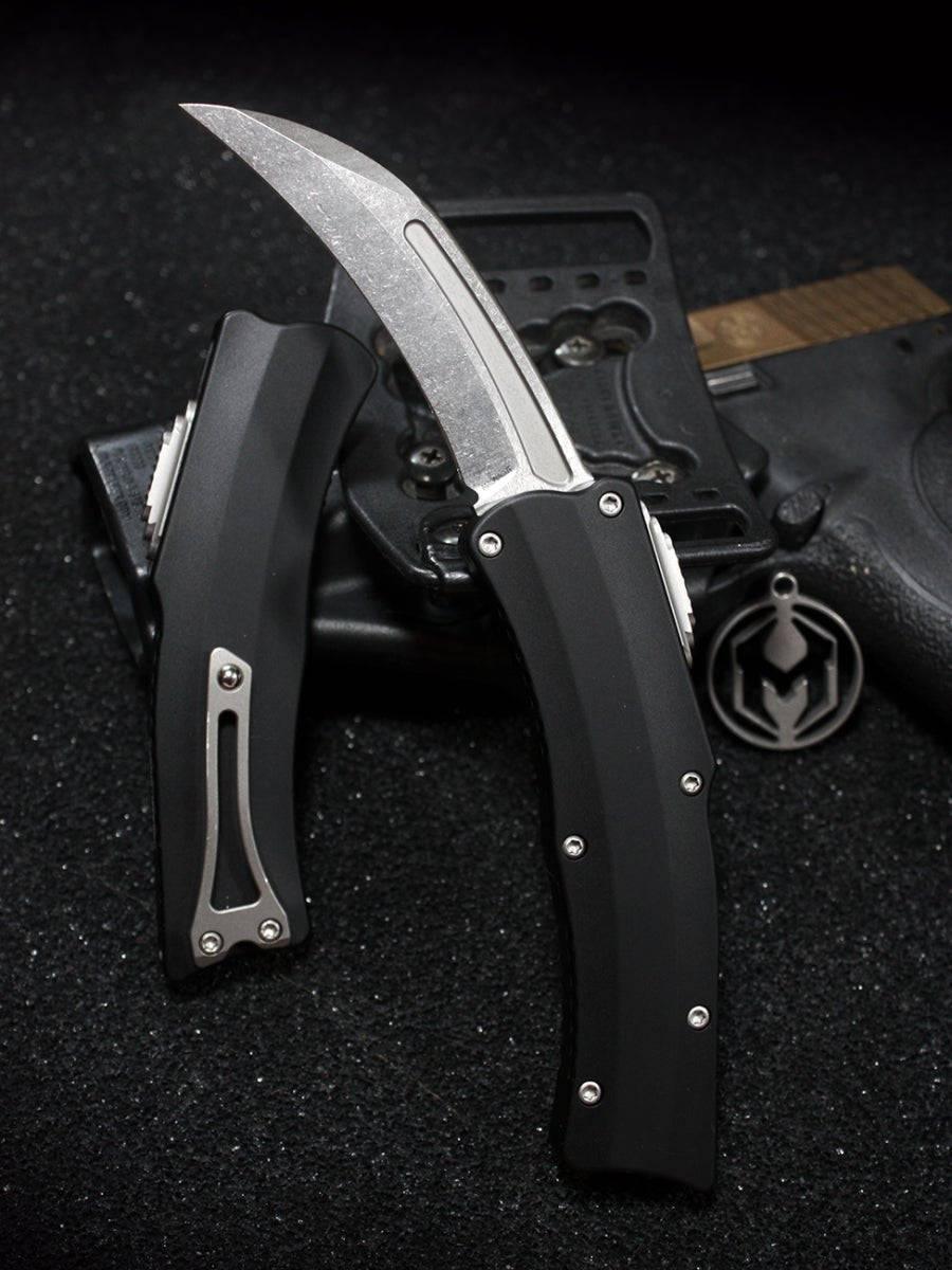 Heretic Knives Roc OTF Auto Knife 3.2" MagnaCut Stonewashed Hawkbill Black Handles - NORTH RIVER OUTDOORS
