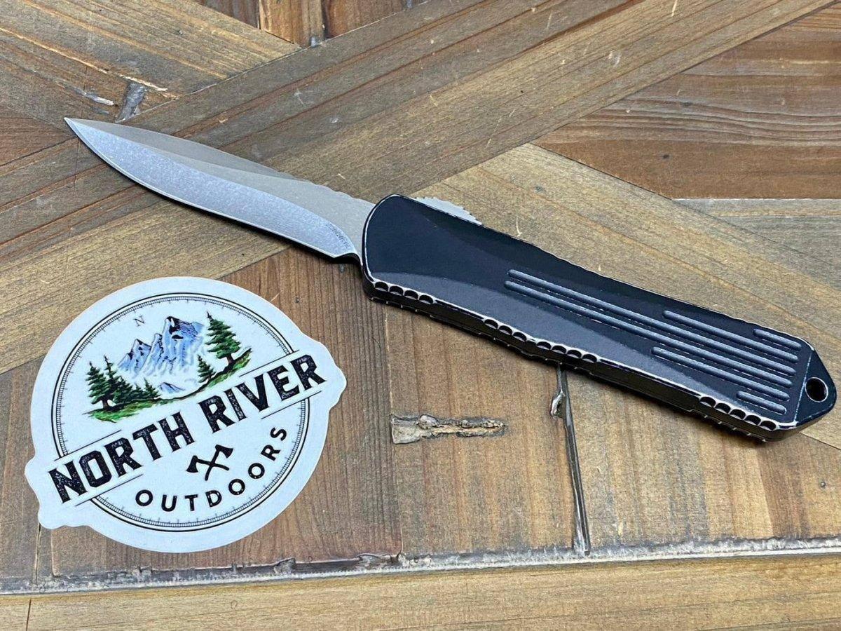 Heretic Manticore E Battleworn Black OTF Automatic Knife 3" Recurve Stonewash H029-2A-BATTLE - NORTH RIVER OUTDOORS