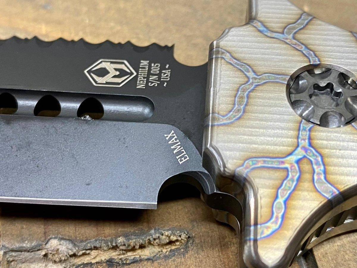 Heretic Nephilim Fixed Blade D/E Dagger Flamed Titanium Handle DLC Black Full Serrated Blade H003-6C-FTi - NORTH RIVER OUTDOORS