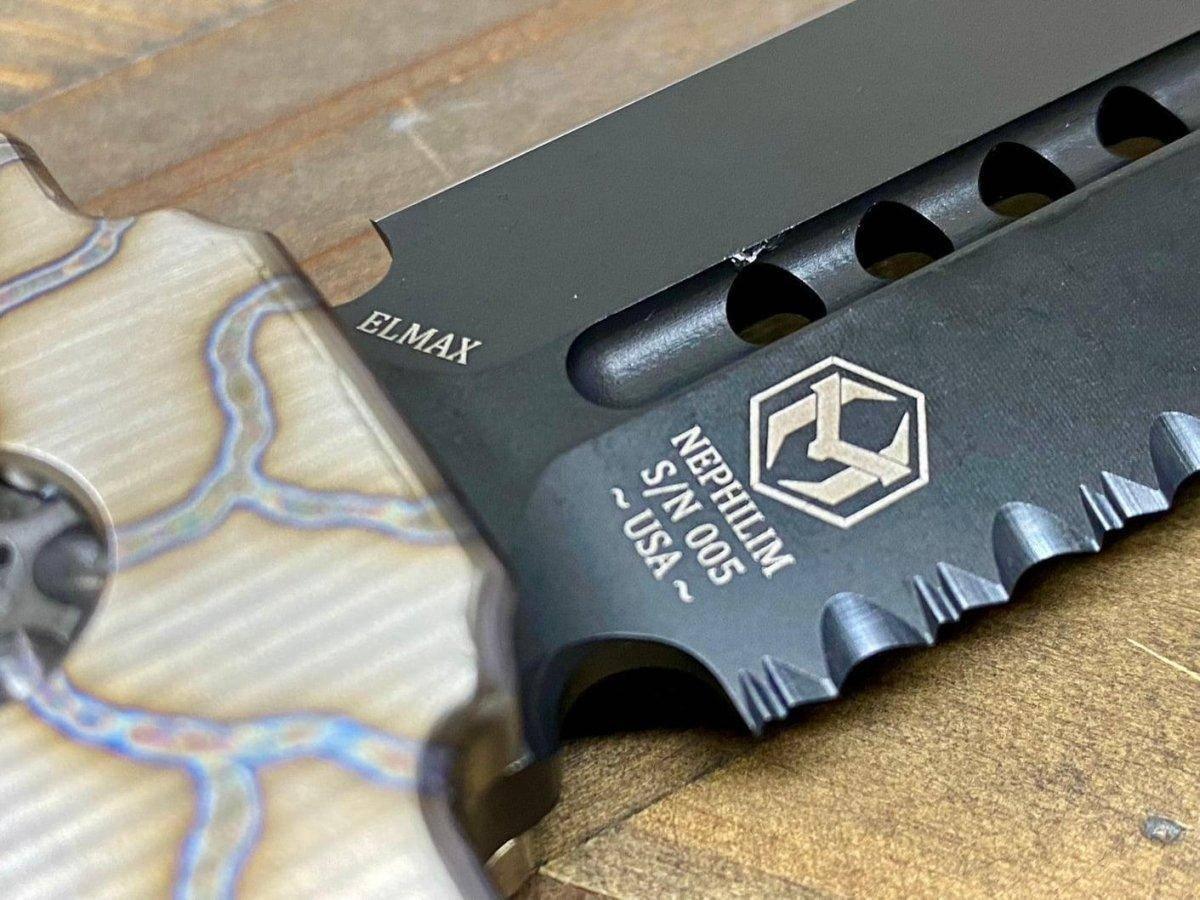 Heretic Nephilim Fixed Blade D/E Dagger Flamed Titanium Handle DLC Black Full Serrated Blade H003-6C-FTi - NORTH RIVER OUTDOORS