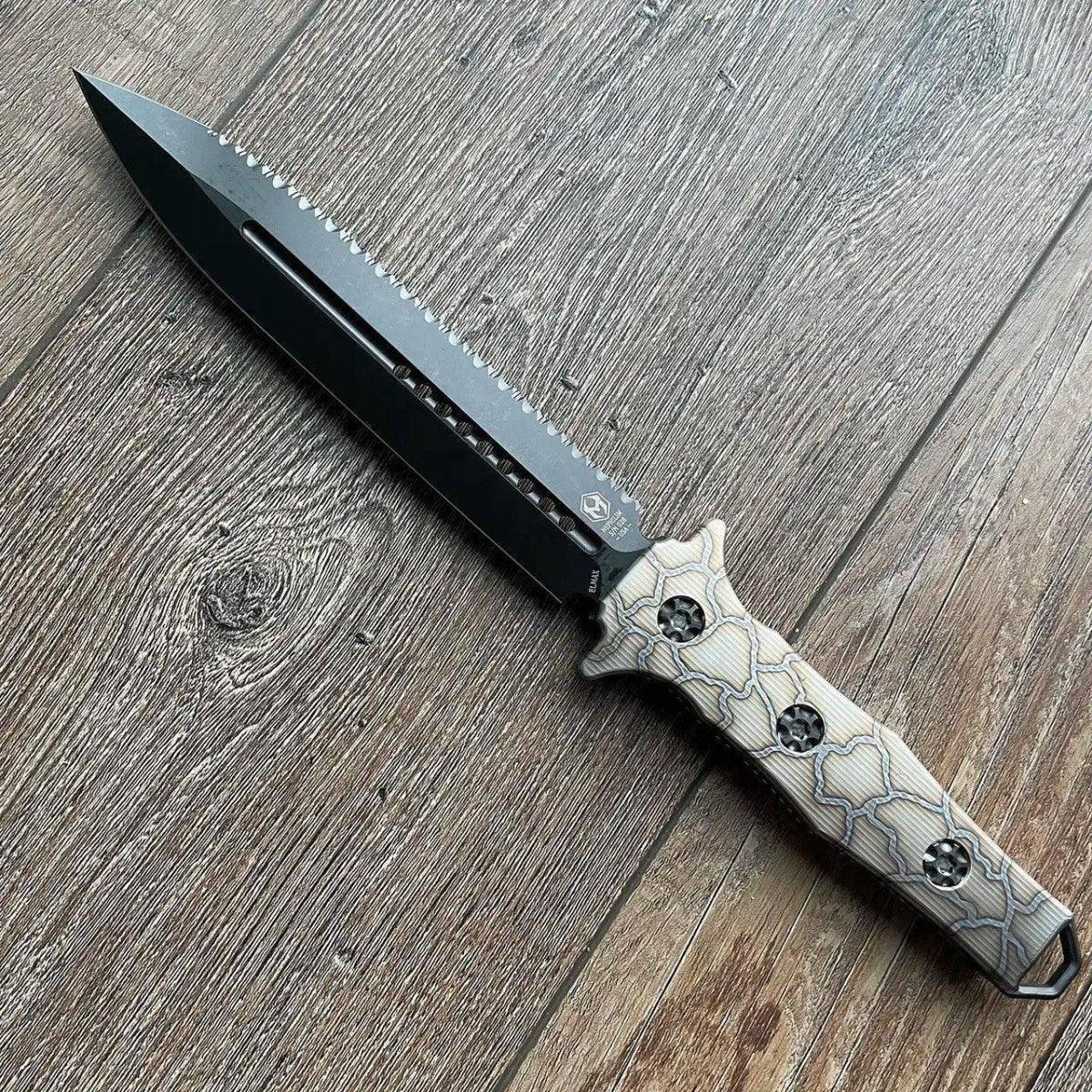 Heretic Nephilim Fixed Blade D/E Dagger Flamed Titanium Handle DLC Black Full Serrated Blade H003-6C-FTi - NORTH RIVER OUTDOORS