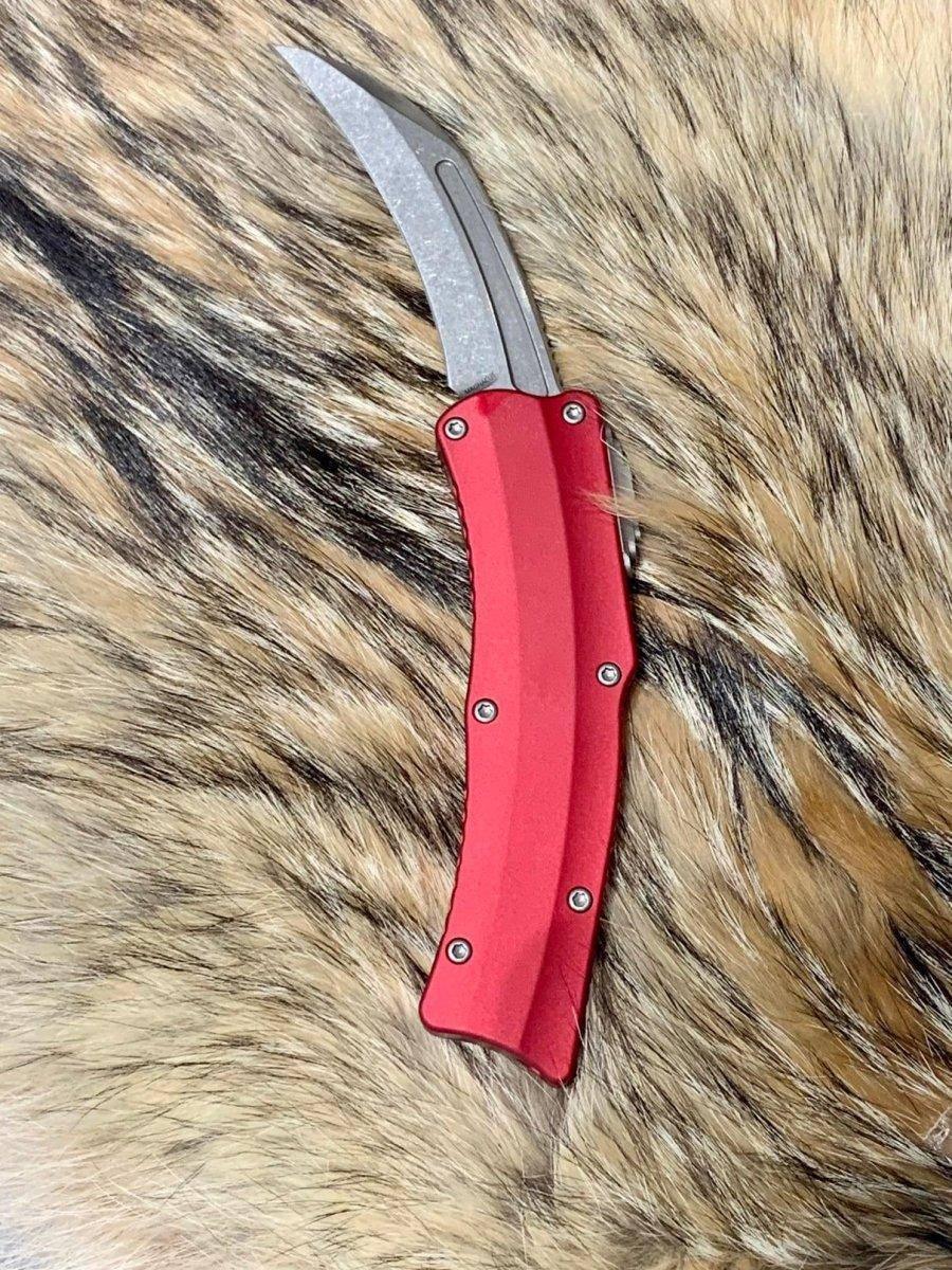 Heretic Roc Hawkbill Auto Knife 3.2" MagnaCut Stonewash Red Handles - NORTH RIVER OUTDOORS