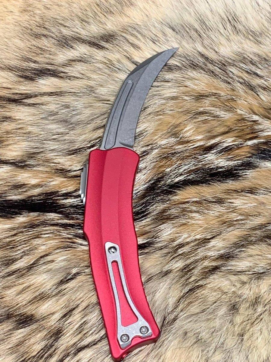 Heretic Roc Hawkbill Auto Knife 3.2" MagnaCut Stonewash Red Handles - NORTH RIVER OUTDOORS