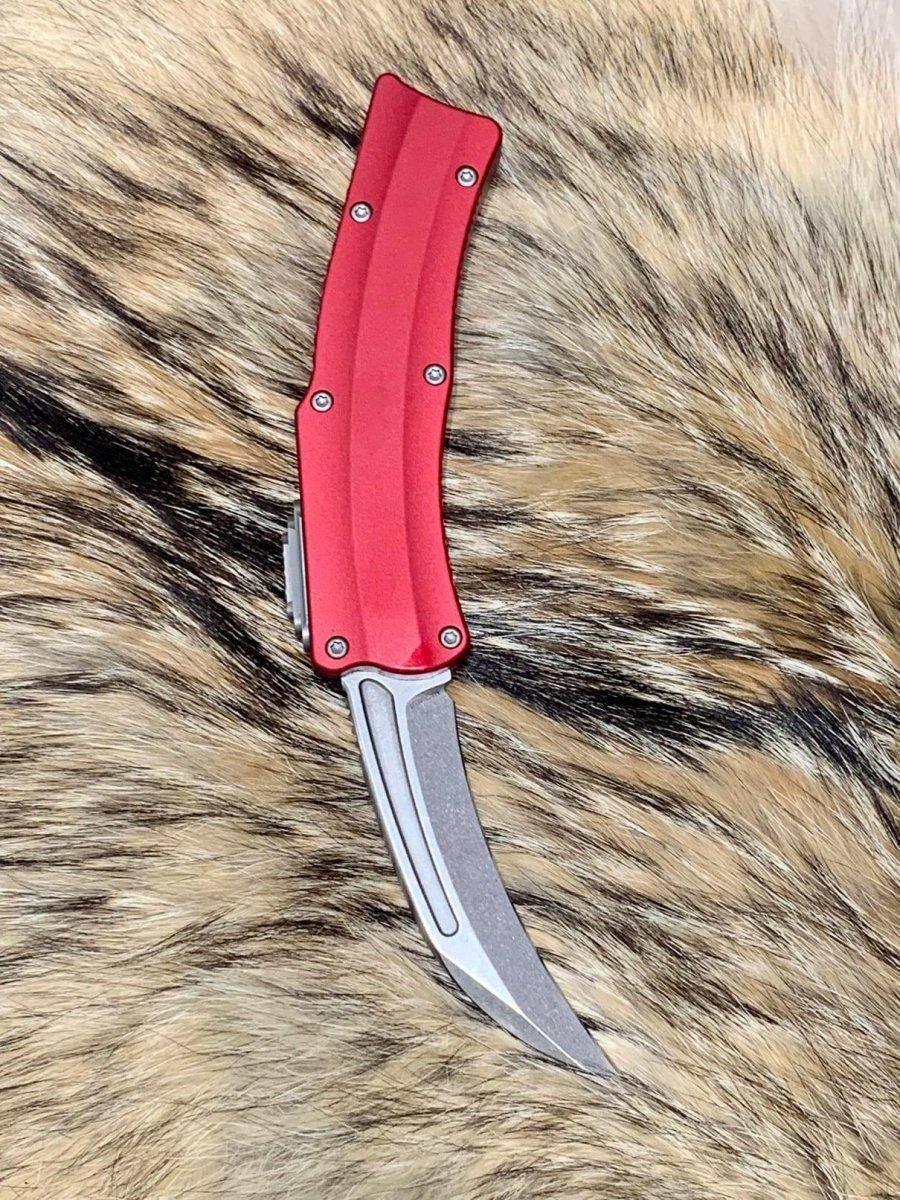 Heretic Roc Hawkbill Auto Knife 3.2" MagnaCut Stonewash Red Handles - NORTH RIVER OUTDOORS