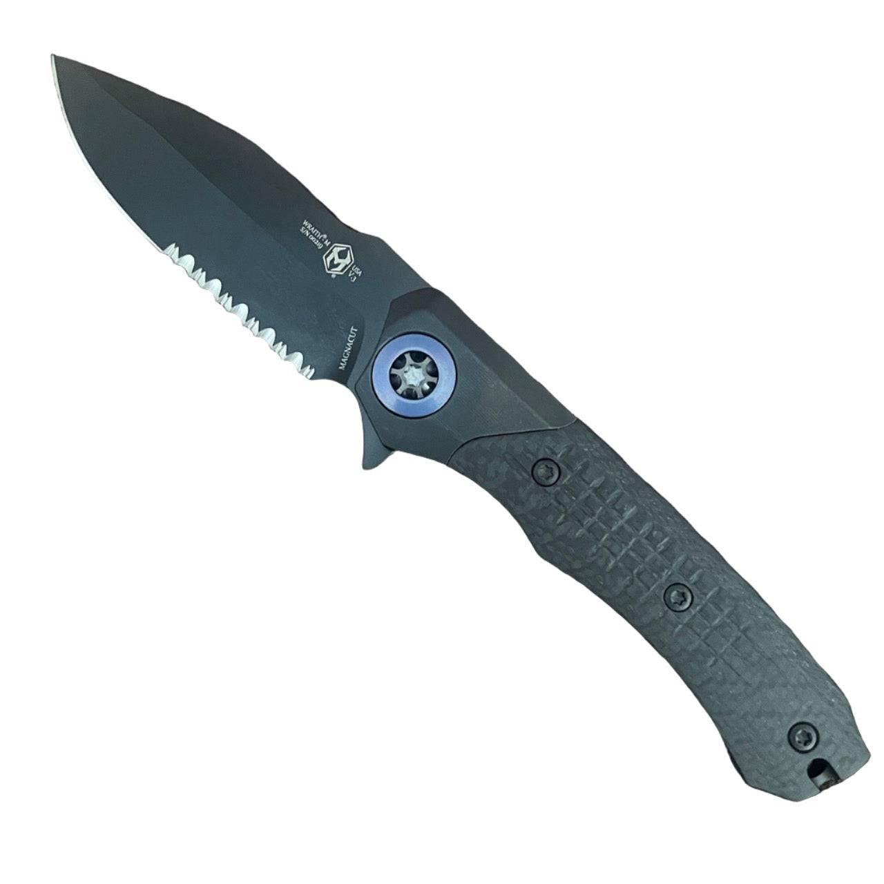 Heretic Wraith Manual Flipper Knife 3.625" CPM-MagnaCut Black DLC Battle Worn Clip Point Combo Integral Battle Worn DLC Titanium Handle Carbon Fiber Serrated - NORTH RIVER OUTDOORS
