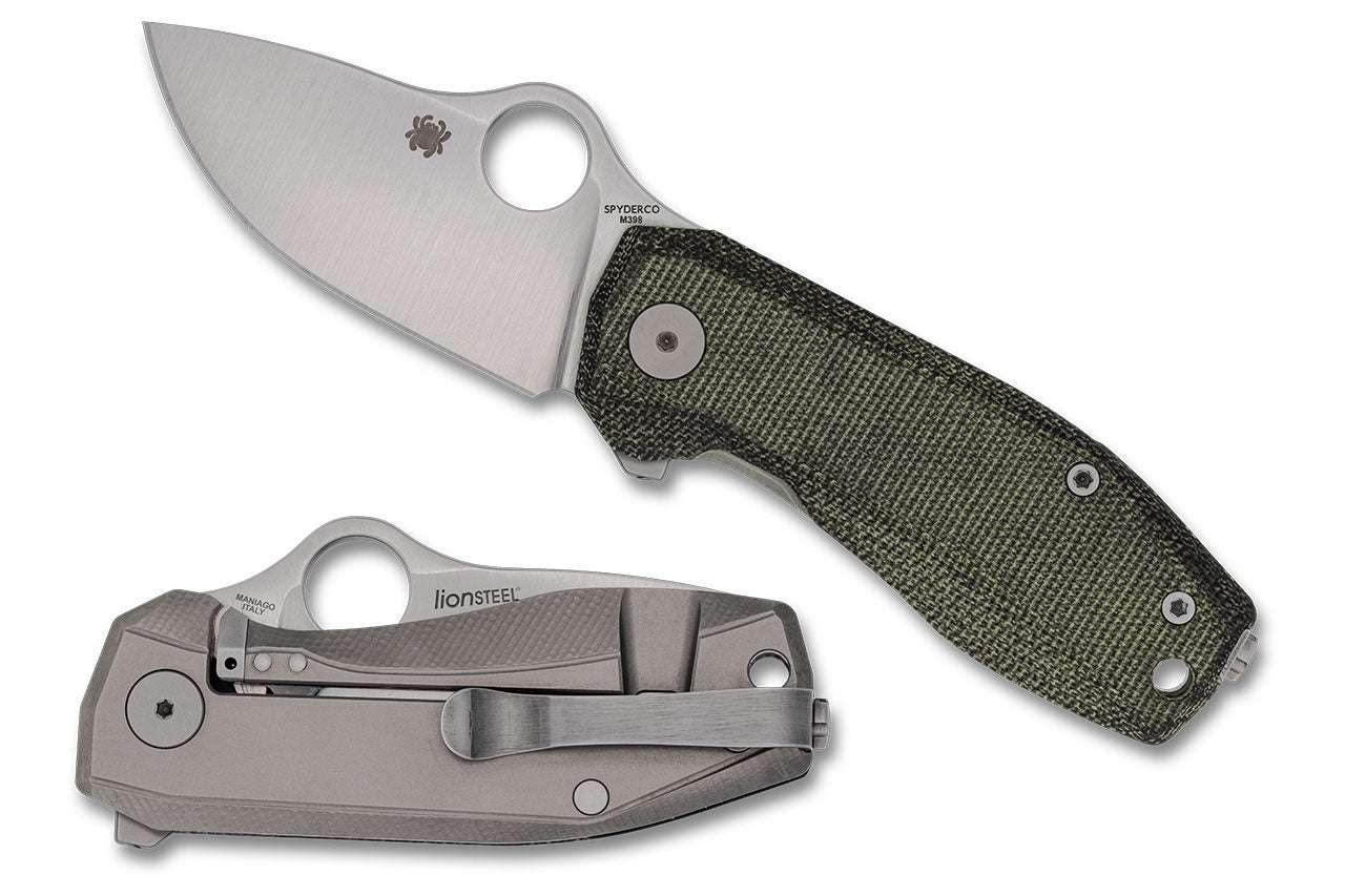 Spyderco/LionSteel SpyNano Flash Batch Frame Lock Flipper Knife 2.56" M398 Satin Drop Point Green Canvas Micarta Titanium Lock - NORTH RIVER OUTDOORS