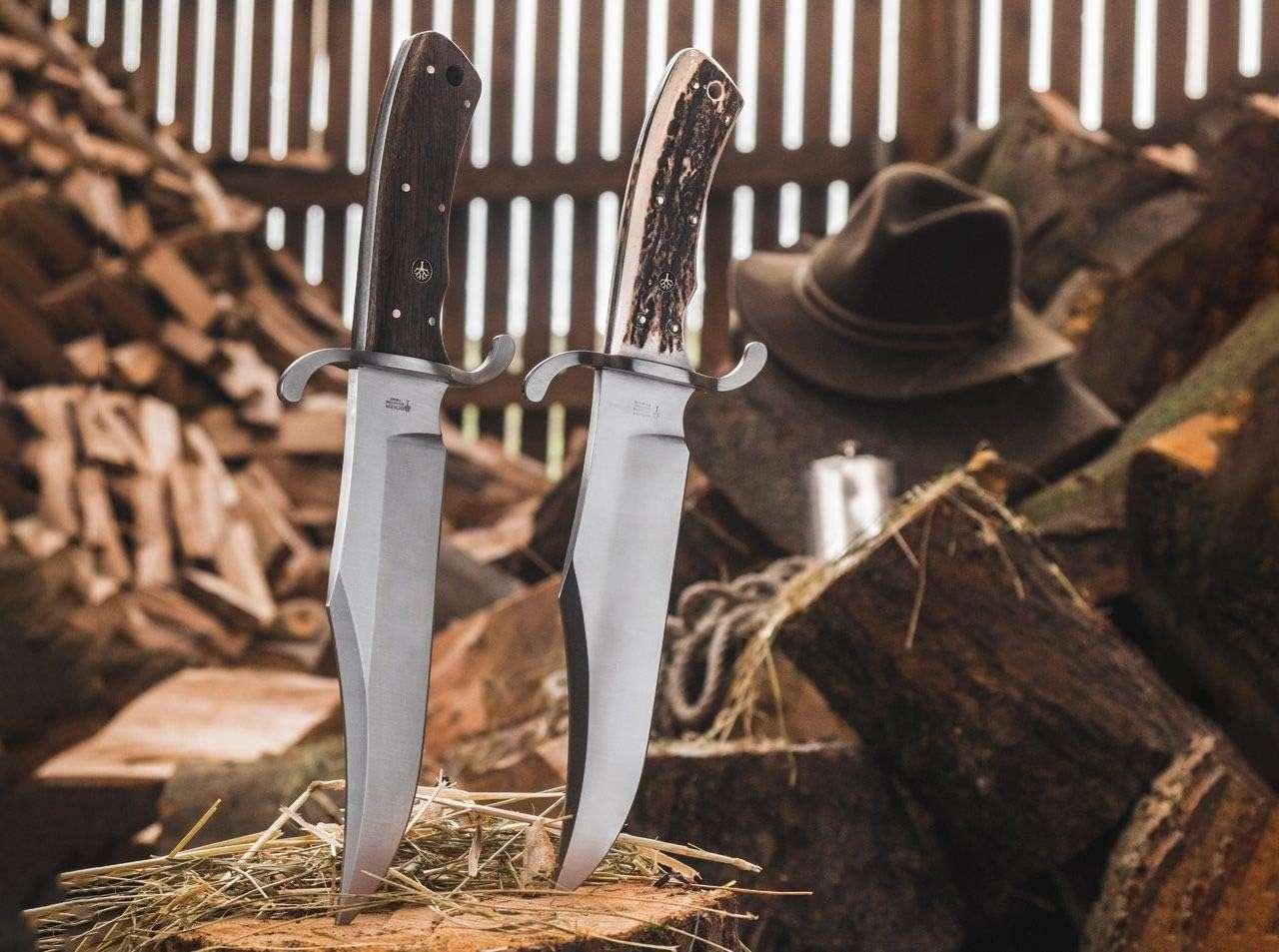 Boker Bowie Fixed Blade Knife 7.8" N690 Satin Blade Oak Wood Handles Black Leather Sheath - NORTH RIVER OUTDOORS