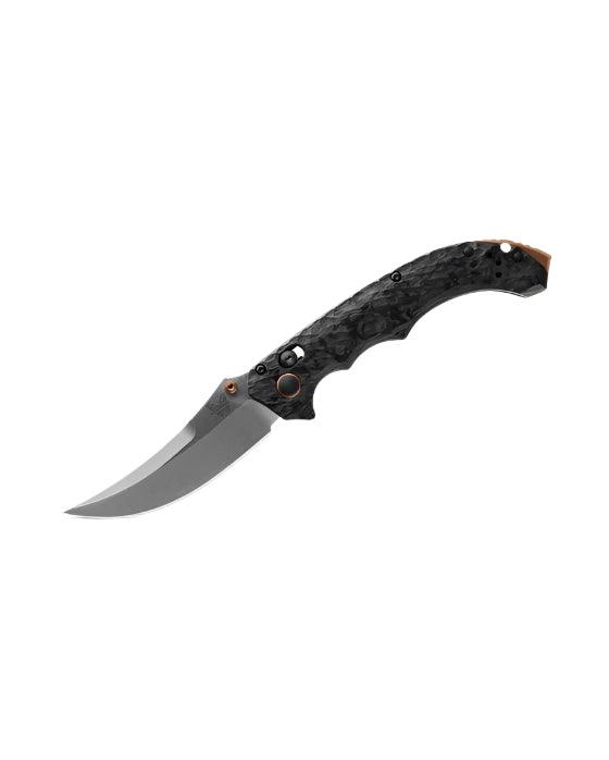 Benchmade 865-02 Mini Bedlam Axis Folding Knife 3.45" S90V Satin Scimitar Blade Marbled Carbon Fiber Handles - NORTH RIVER OUTDOORS