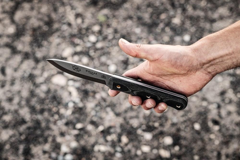 TOPS Knives D Fly 4.5 Fixed 4.5" 1095 Carbon Blade Black Micarta Handles Leather Sheath - NORTH RIVER OUTDOORS