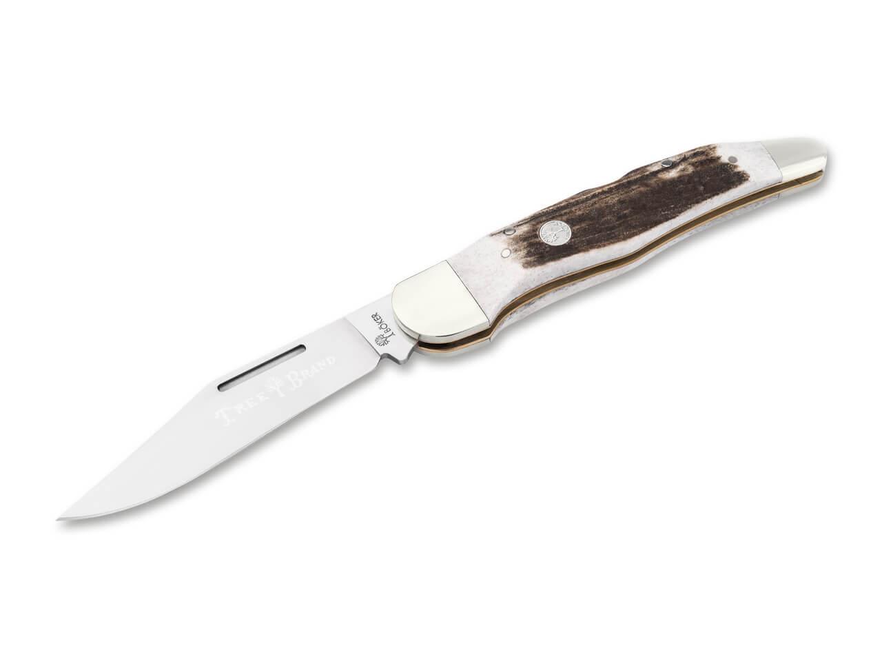 Boker Traditional 2.0 Folding Hunter Folding Knife 5.25" D2 Blade Stag Handles Leather Sheath - NORTH RIVER OUTDOORS