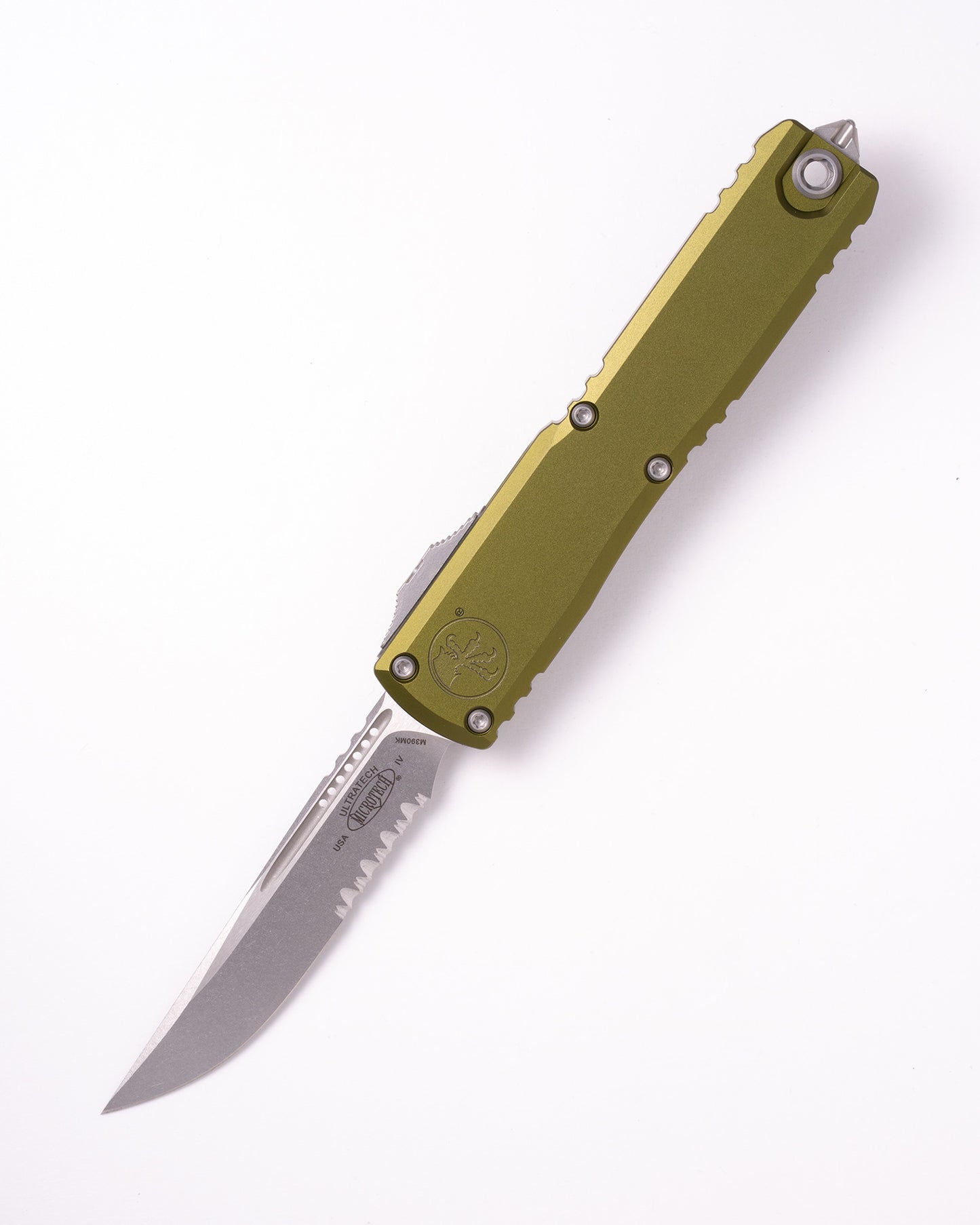 Green folding knife with a silver blade on a white background