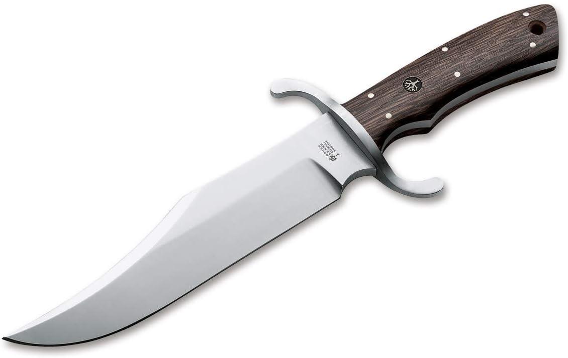 Boker Bowie Fixed Blade Knife 7.8" N690 Satin Blade Oak Wood Handles Black Leather Sheath - NORTH RIVER OUTDOORS