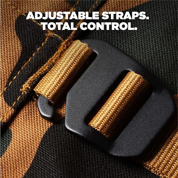 Close-up of a tactical belt with a black plastic buckle and tan webbing strap, featuring a camouflage pattern and the text 'ADJUSTABLE STRAPS. TOTAL CONTROL.