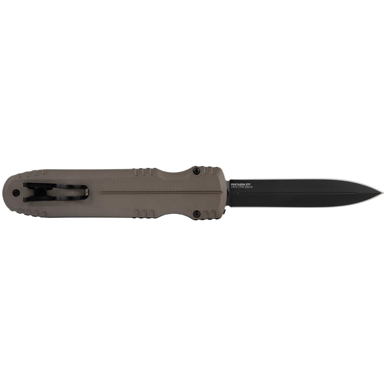 SOG Pentagon OTF Knife Black Blade FDE Handle 3.75" S35VN - NORTH RIVER OUTDOORS