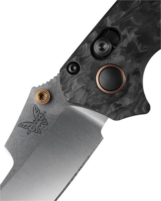 Benchmade 865-02 Mini Bedlam Axis Folding Knife 3.45" S90V Satin Scimitar Blade Marbled Carbon Fiber Handles - NORTH RIVER OUTDOORS