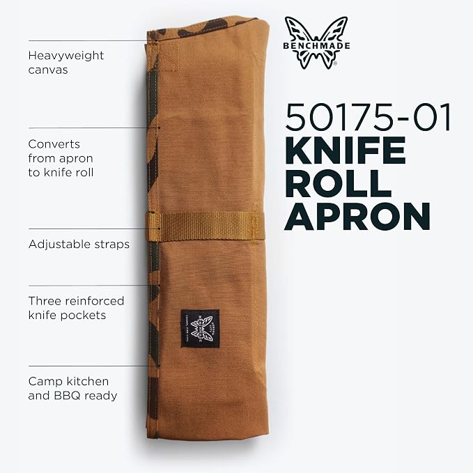 A Benchmade knife roll apron in brown canvas, shown vertically with feature callouts on the left and product text on the right against a light gray background.