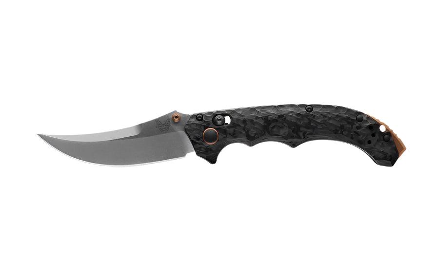 Benchmade 865-02 Mini Bedlam Axis Folding Knife 3.45" S90V Satin Scimitar Blade Marbled Carbon Fiber Handles - NORTH RIVER OUTDOORS