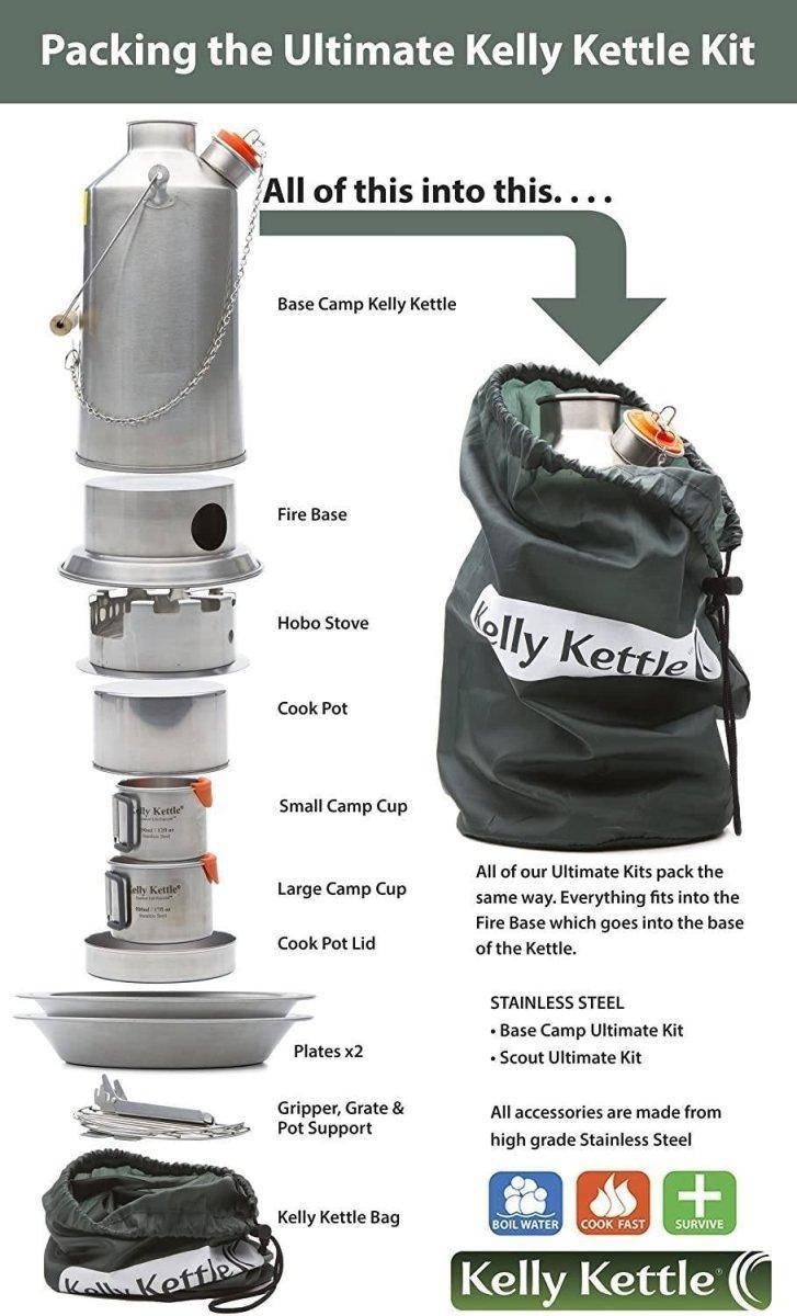 Kelly Kettle Scout Kit 41 oz Stainless Camp Kettle w/ Stove for Fishing, Hunting, Hiking - NORTH RIVER OUTDOORS