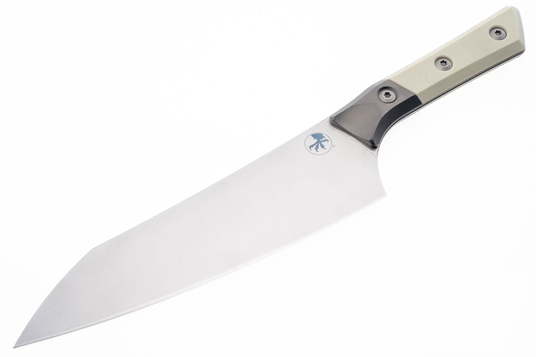 Microtech 8" Chef Knife Stonewashed Blade Bead Blasted Titanium Bolster Ivory G-10 Handle