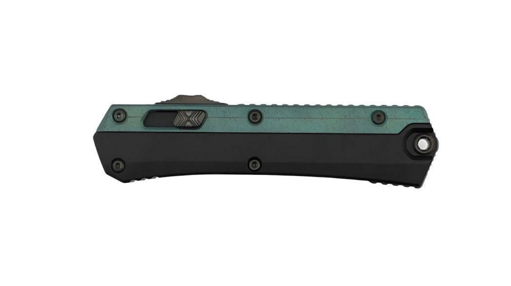 Microtech 184-2DLCAG Signature Series Glykon Auto OTF Knife 3.75" Black DLC Serrated Double Edge Bayonet Blade Green Titanium Overlays DLC Hardware - NORTH RIVER OUTDOORS