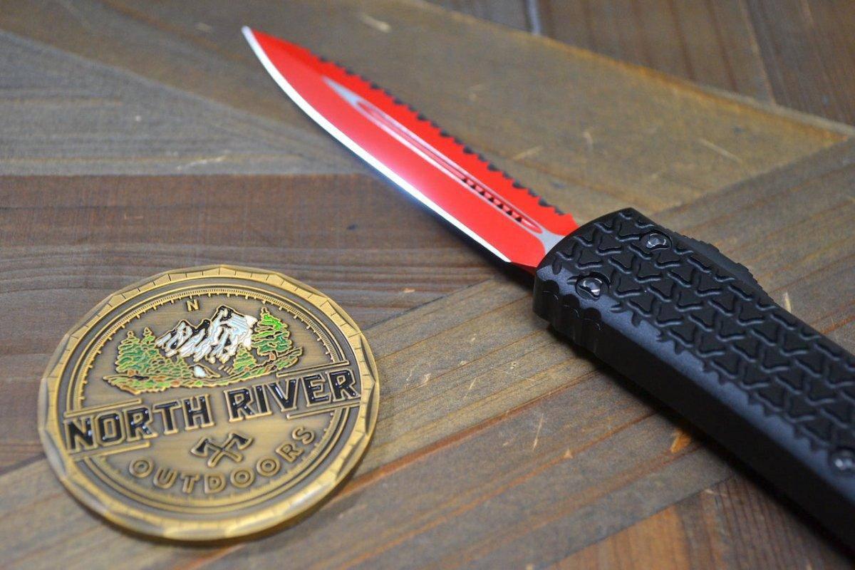 Microtech Sith Lord Ultratech 122-3SL OTF 3.46" Red Double Edge Full Serrated Blade - NORTH RIVER OUTDOORS