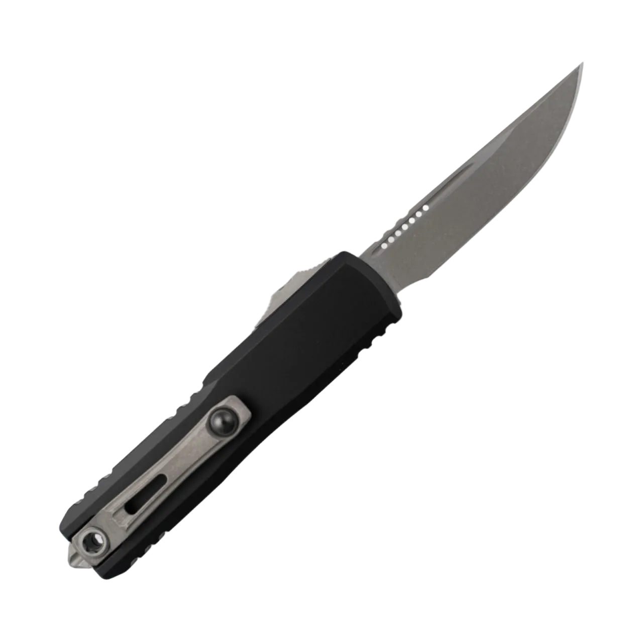 Black folding knife with a metallic blade on a white background