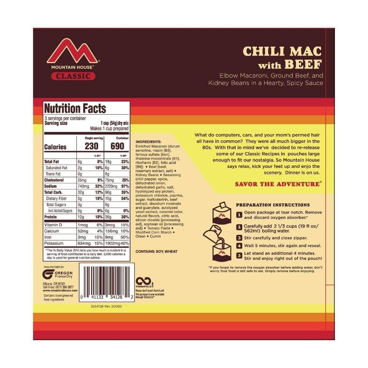 Mountain House Classic Chili Mac with Beef Survival & Emergency Food (3 Servings) - NORTH RIVER OUTDOORS
