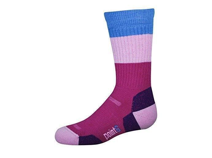 Point6 Kids Block Stripe, Extra Light, Crew, Lipstick, Large Socks - NORTH RIVER OUTDOORS