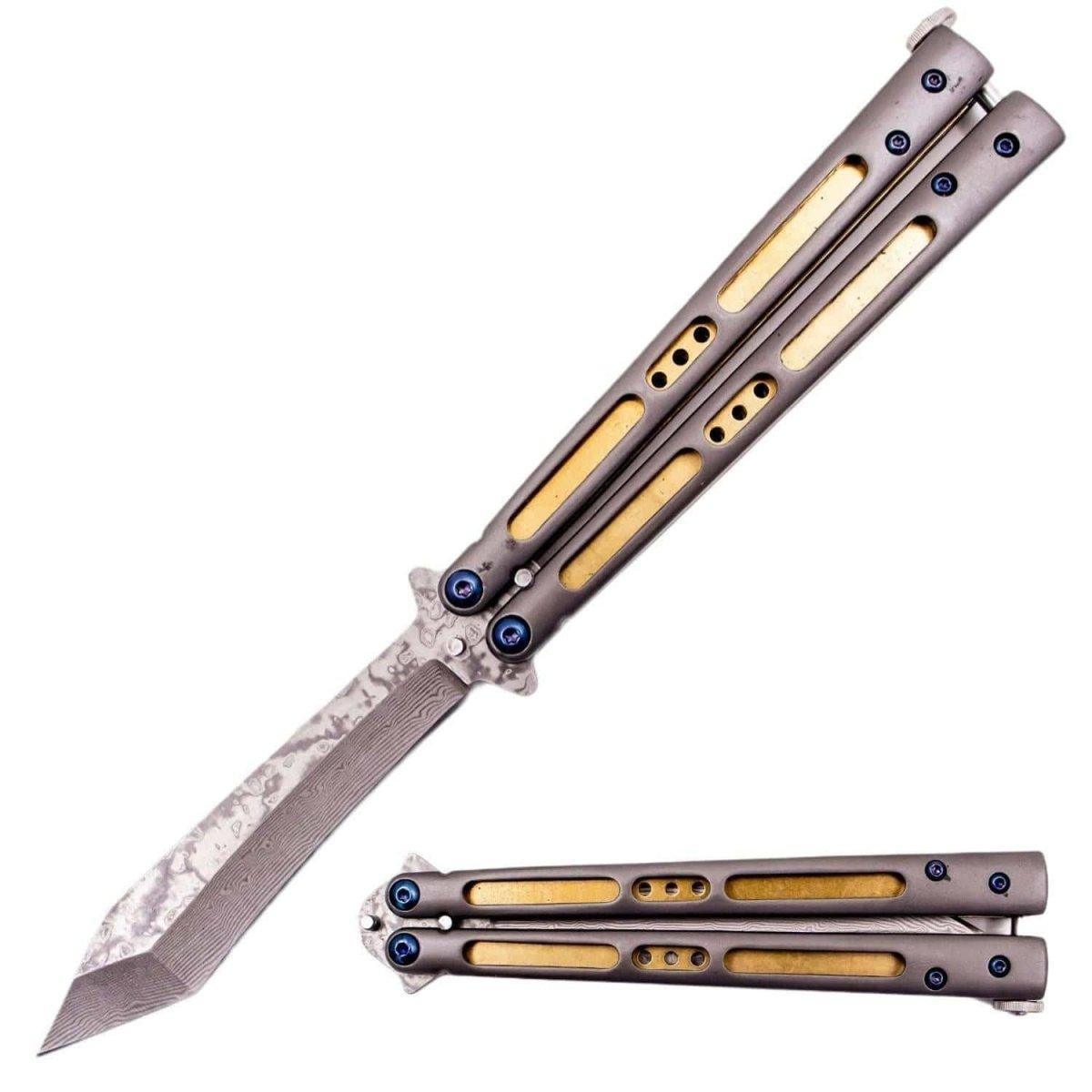 Real Damascus Butterfly Knife with Brass Lining (Balisong) - NORTH RIVER OUTDOORS