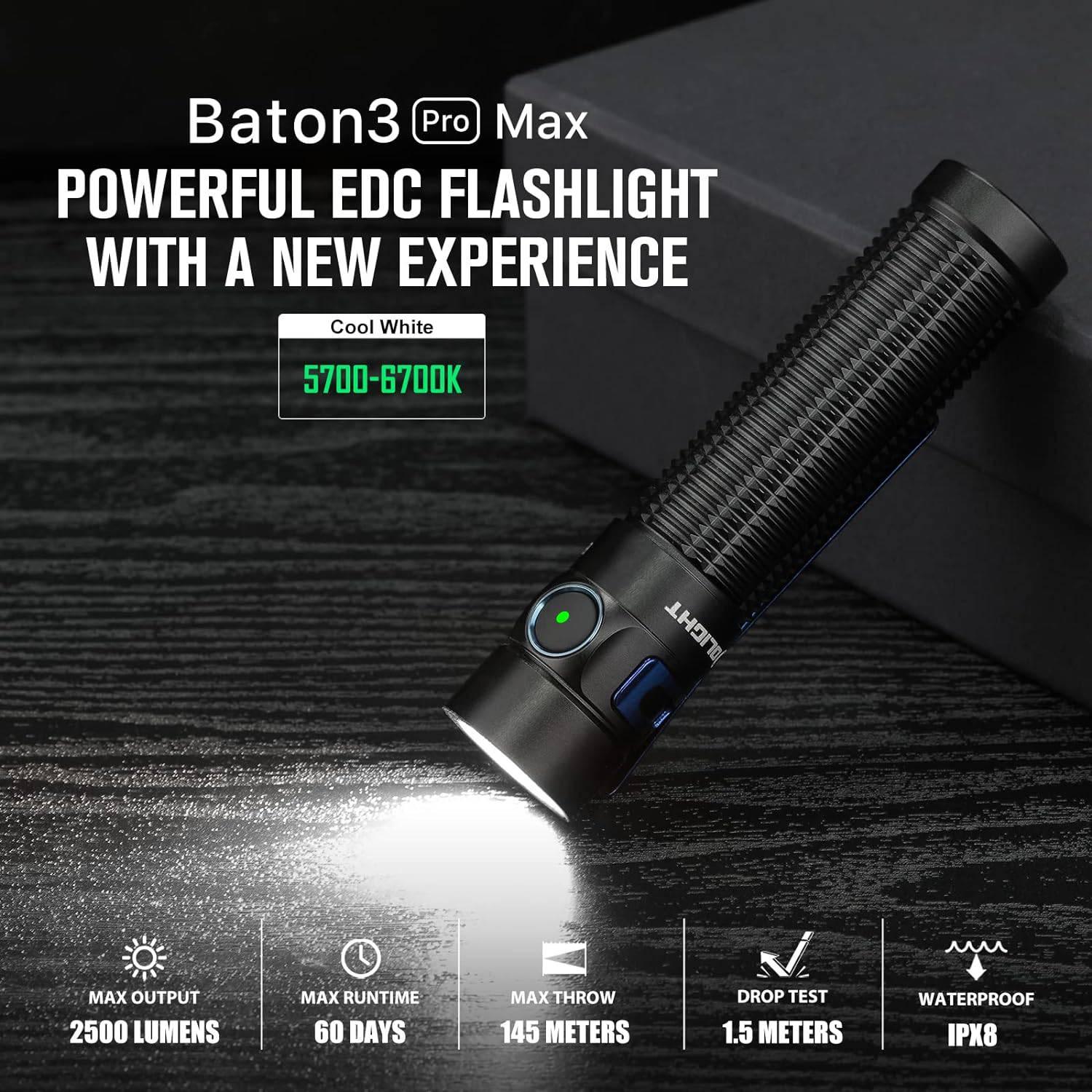 Olight Baton 3 Pro Max 2500 Lumens Rechargeable Compact Flashlight (Cool White) - NORTH RIVER OUTDOORS