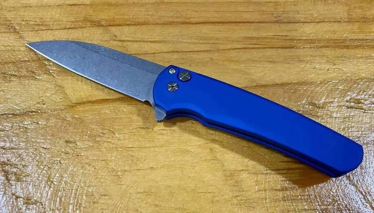 Pro-Tech Malibu Wharncliffe Plunge Lock Flipper Knife Blue (3.3" Stonewash) - NORTH RIVER OUTDOORS