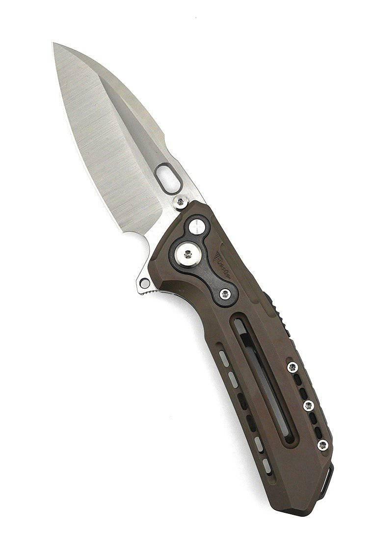 Custom Reate T6000 Frame Lock Flipper Knife 3.1" M390 Belt Satin Drop Point Bead Blasted Titanium Handles Zirconium Drab Brown Anodized - NORTH RIVER OUTDOORS