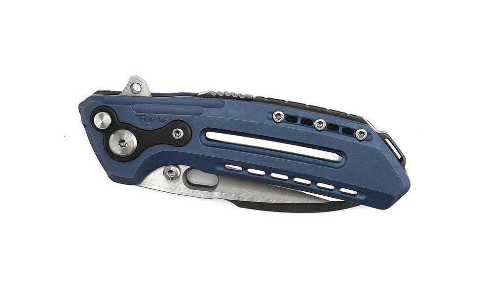 Custom Reate T6000 Frame Lock Flipper Knife 3.1" M390 Belt Satin Drop Point Bead Blasted Titanium Handles Zirconium Spacer Blue Anodized - NORTH RIVER OUTDOORS