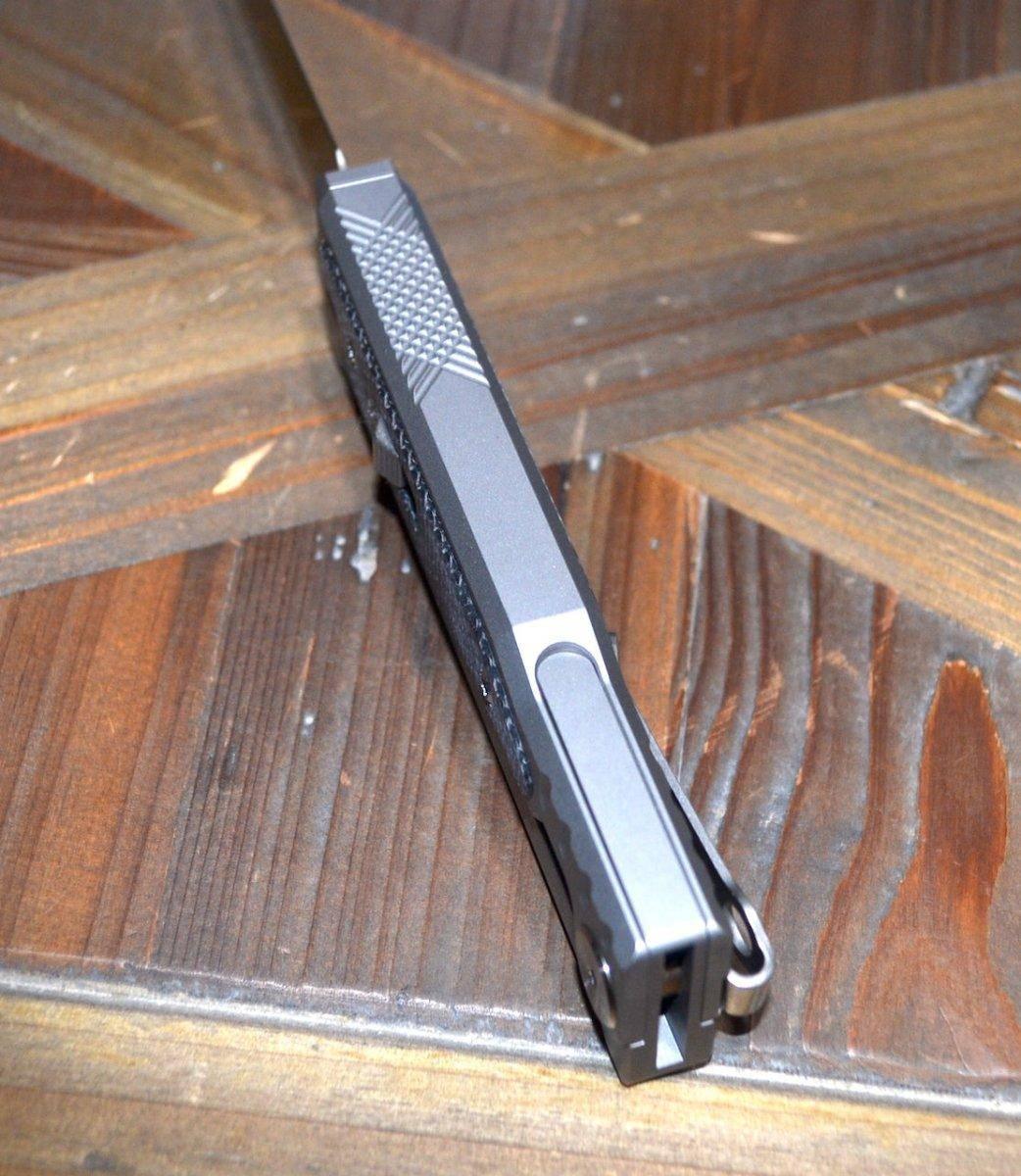 REATE EXO-M OTF GRAVITY KNIFE TITANIUM/BLACK MICARTA 2.95" DOUBLE EDGE SATIN - NORTH RIVER OUTDOORS