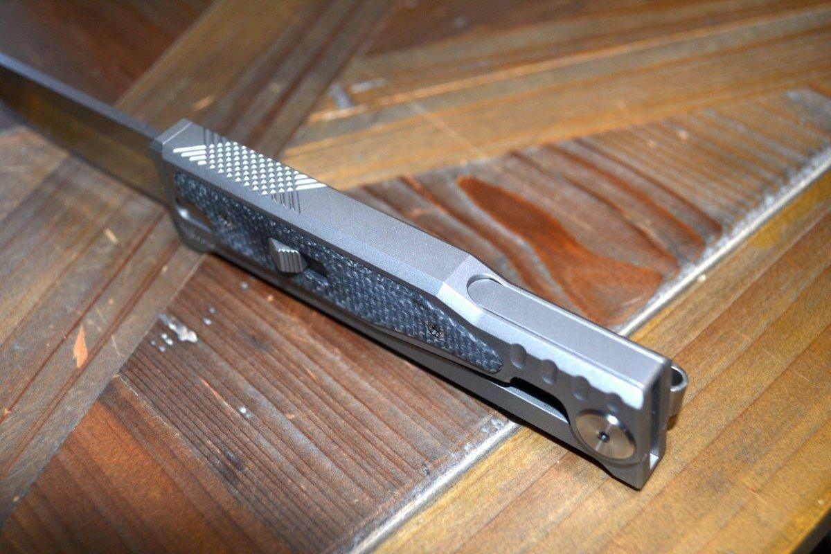 REATE EXO-M OTF GRAVITY KNIFE TITANIUM/BLACK MICARTA 2.95" TANTO SATIN - NORTH RIVER OUTDOORS