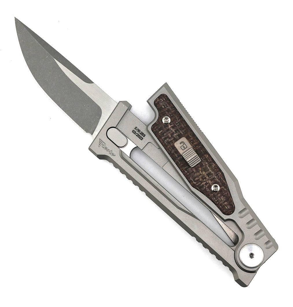 Reate EXO Mini Stonewash Drop Point Gravity Knife Titanium Burlap Micarta (3V) - NORTH RIVER OUTDOORS