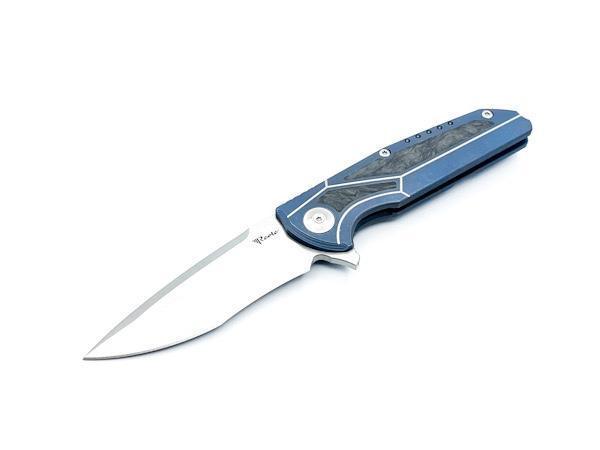 Reate K-4 Flipper 3.75" Damasteel RWL-34 Compound Tanto Blade Blue Titanium Handles Carbon Fiber Inlays - NORTH RIVER OUTDOORS
